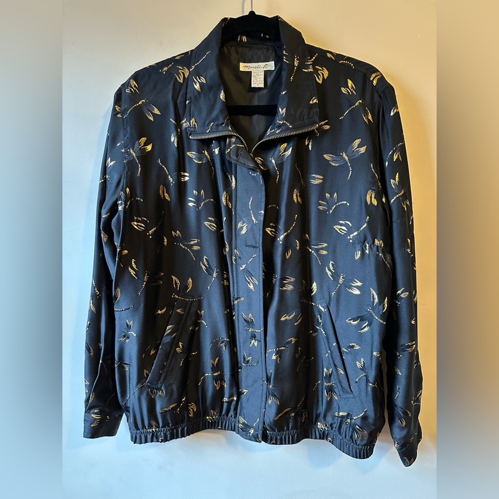 Vintage 80s 100% Silk Mureli Dragonfly Full Zip Jacket Wearable Art
